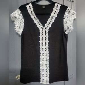 Shein - Black and White Lace Trim Women's Top - Size L